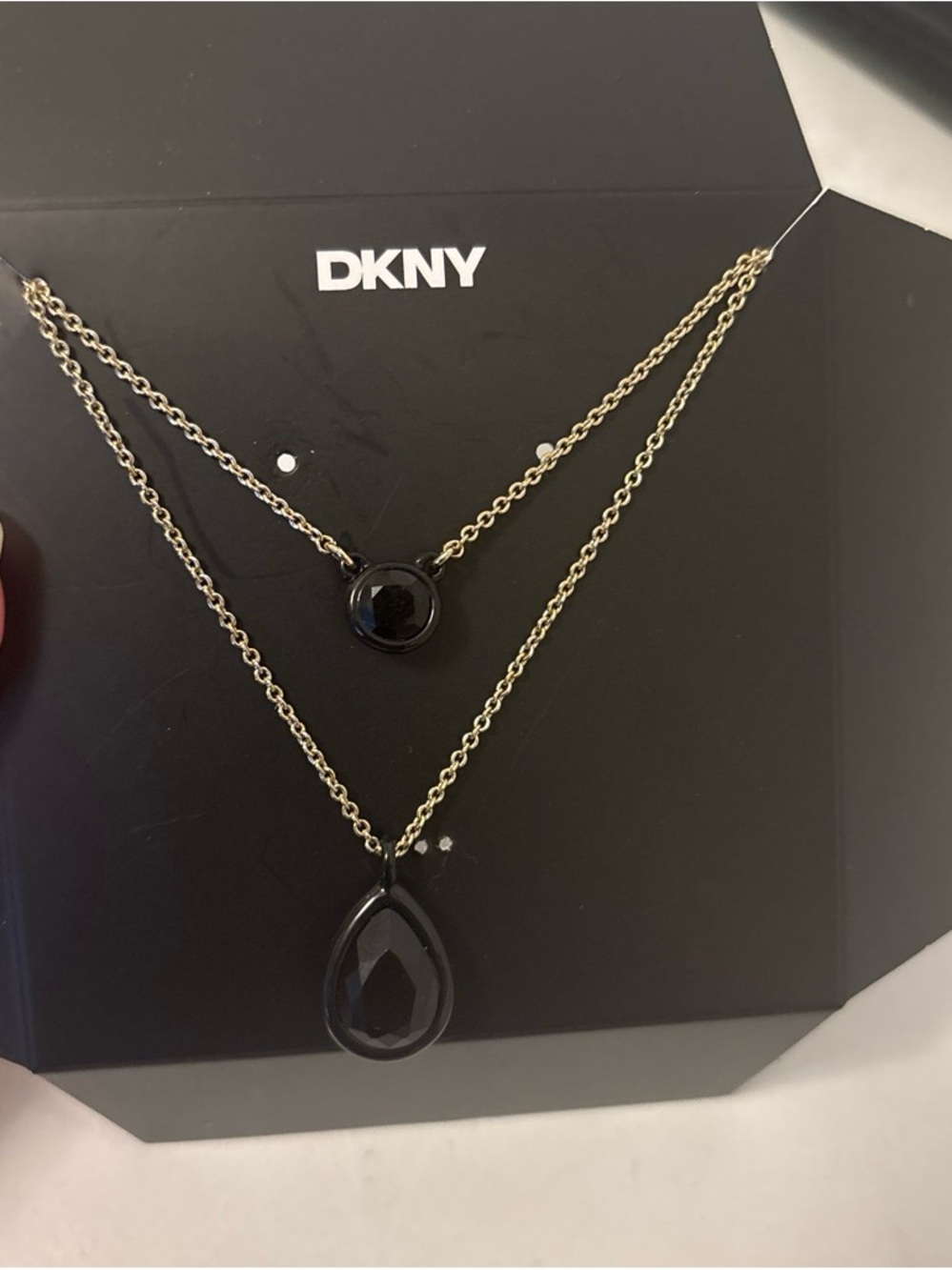 DKNY Gold-Tone Layered Necklace with Black Teardrop and Round Stones